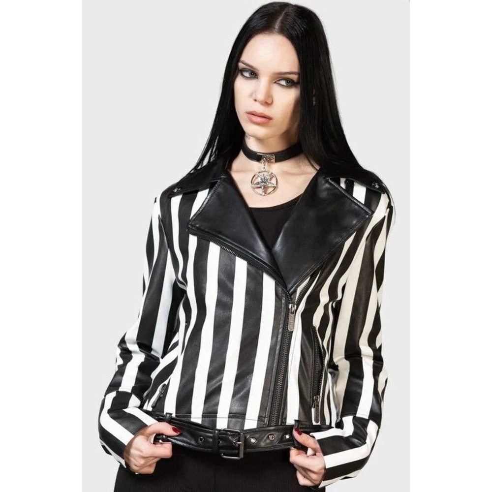 Killstar Zuriel Striped Biker Jacket Black White Vegan Leather Moto Punk Small